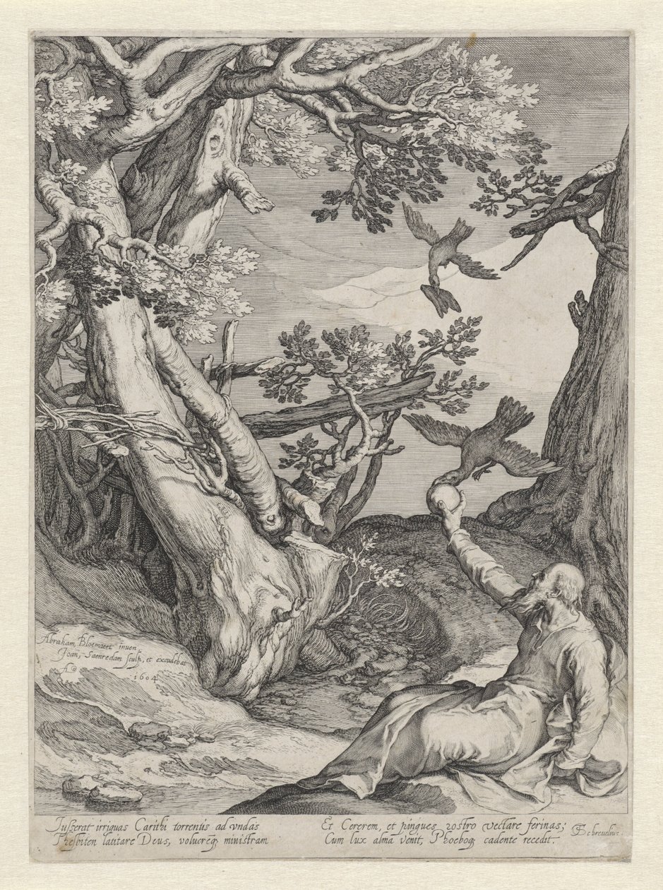Elijah é alimentado pelos corvos no deserto
Quatro cenas da vida dos profetas Aquias e Elias (título da série) de Jan Saenredam