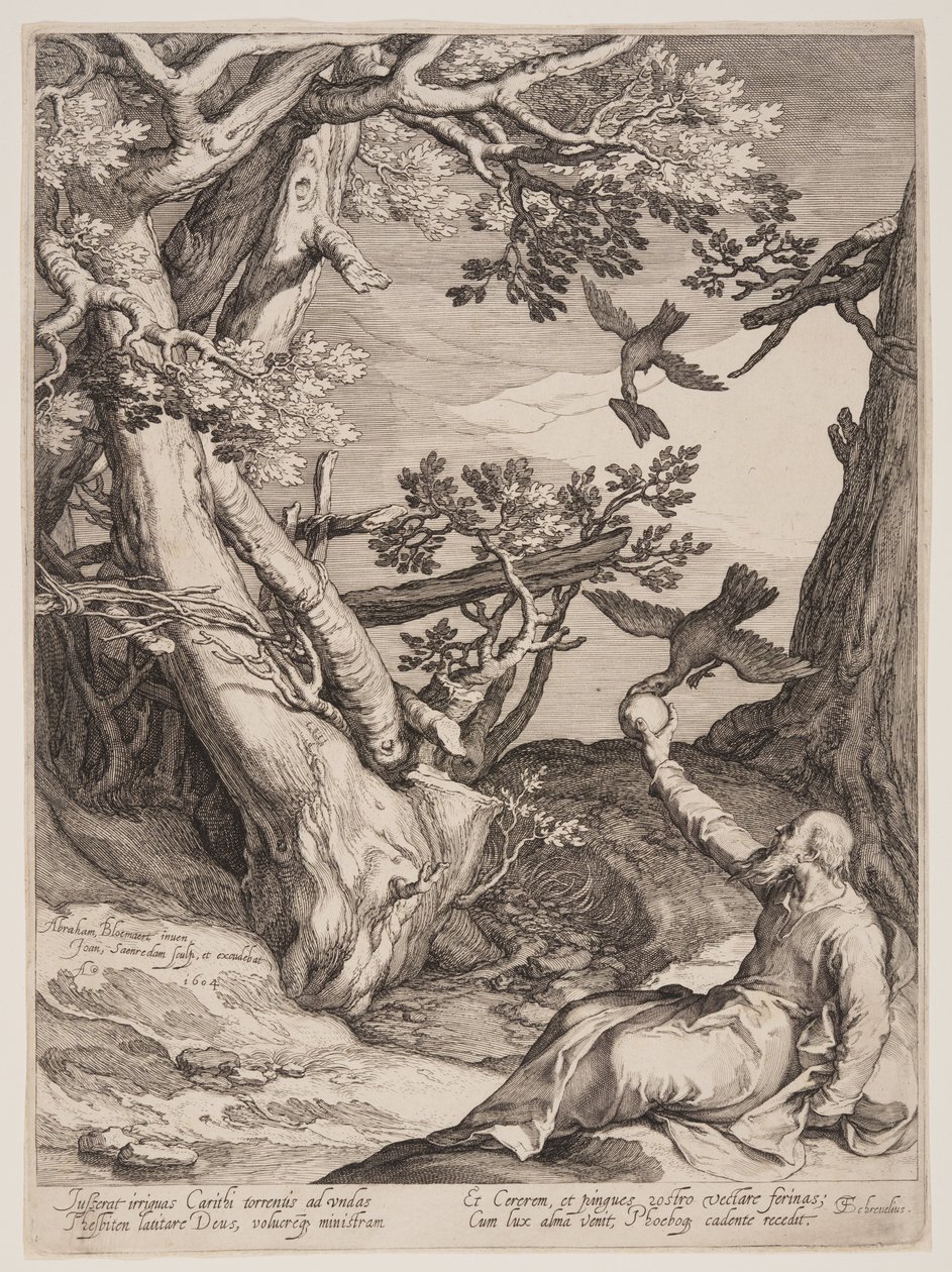 Elias no deserto, alimentado por corvos, de Four Scenes from the Life of the Prophets, Isaiah, Ahajah and Elisha de Jan Saenredam