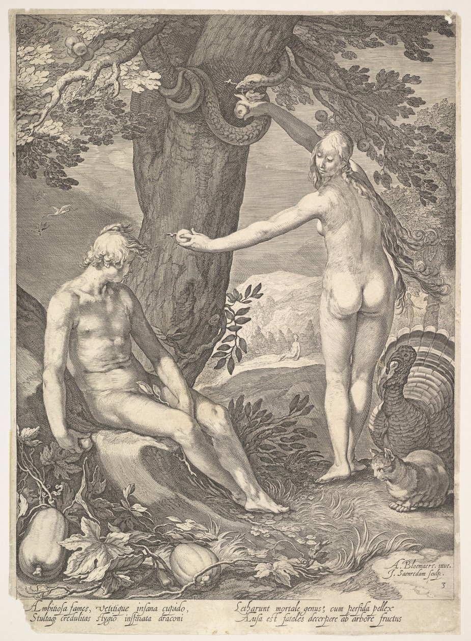 Eva dando a Adão o fruto proibido, da história de Adão e Eva. de Jan Saenredam