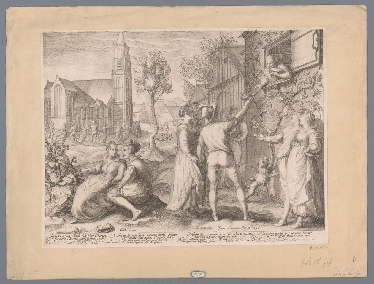 Casais jovens a divertir-se e a dançar, 1596
Ingentes panas stolich sub Mose Choragi Promeriti Choreis, pana dolenda venit (...) (título sobre o objecto) de Jan Saenredam
