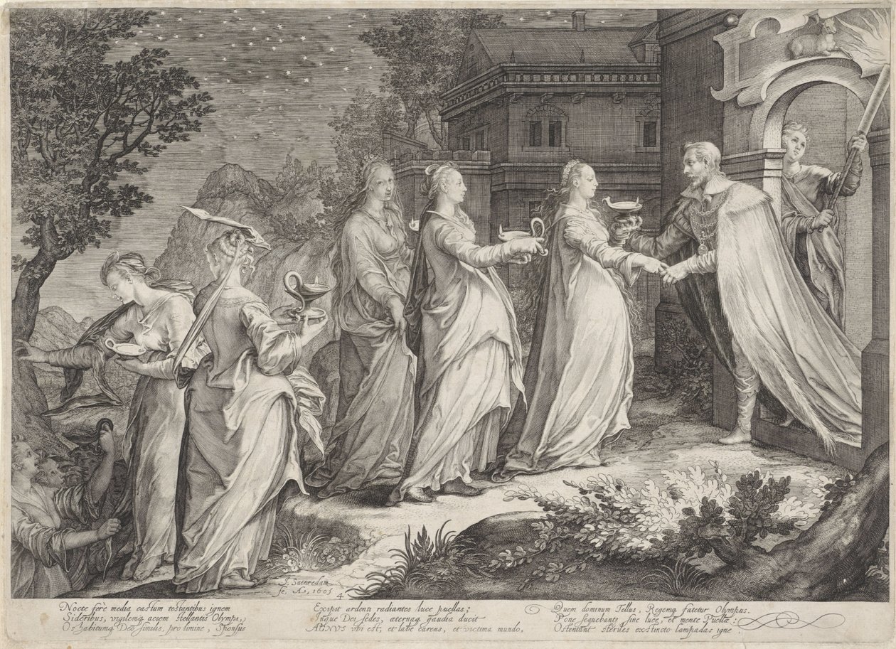 Recepção das virgens sábias pelo noivo Parábola das Virgens Sábias e Tolas (título da série) de Jan Saenredam