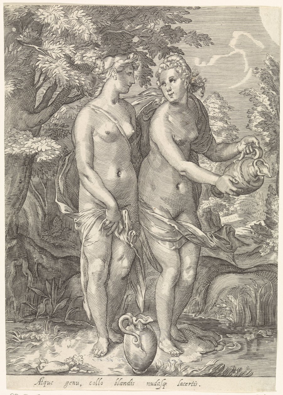 Duas das Ninfas de Diana por um riacho Diana e suas ninfas (título da série) de Jan Saenredam