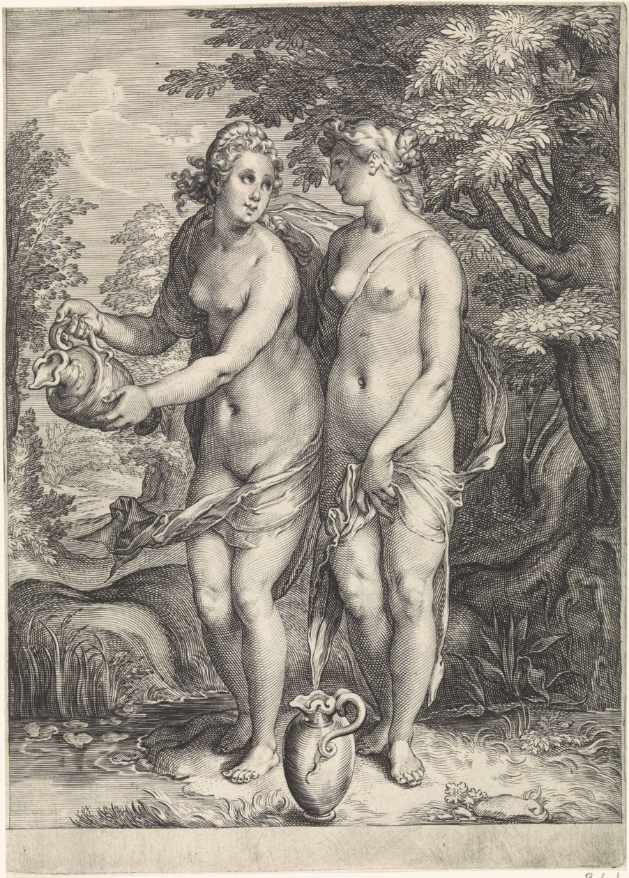 Duas das ninfas de Diana por um riacho
Diana e as suas ninfas (título da série) de Jan Saenredam
