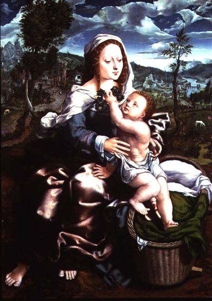 Madonna e criança sentadas em uma extensa paisagem de Jan Sanders van Hemessen