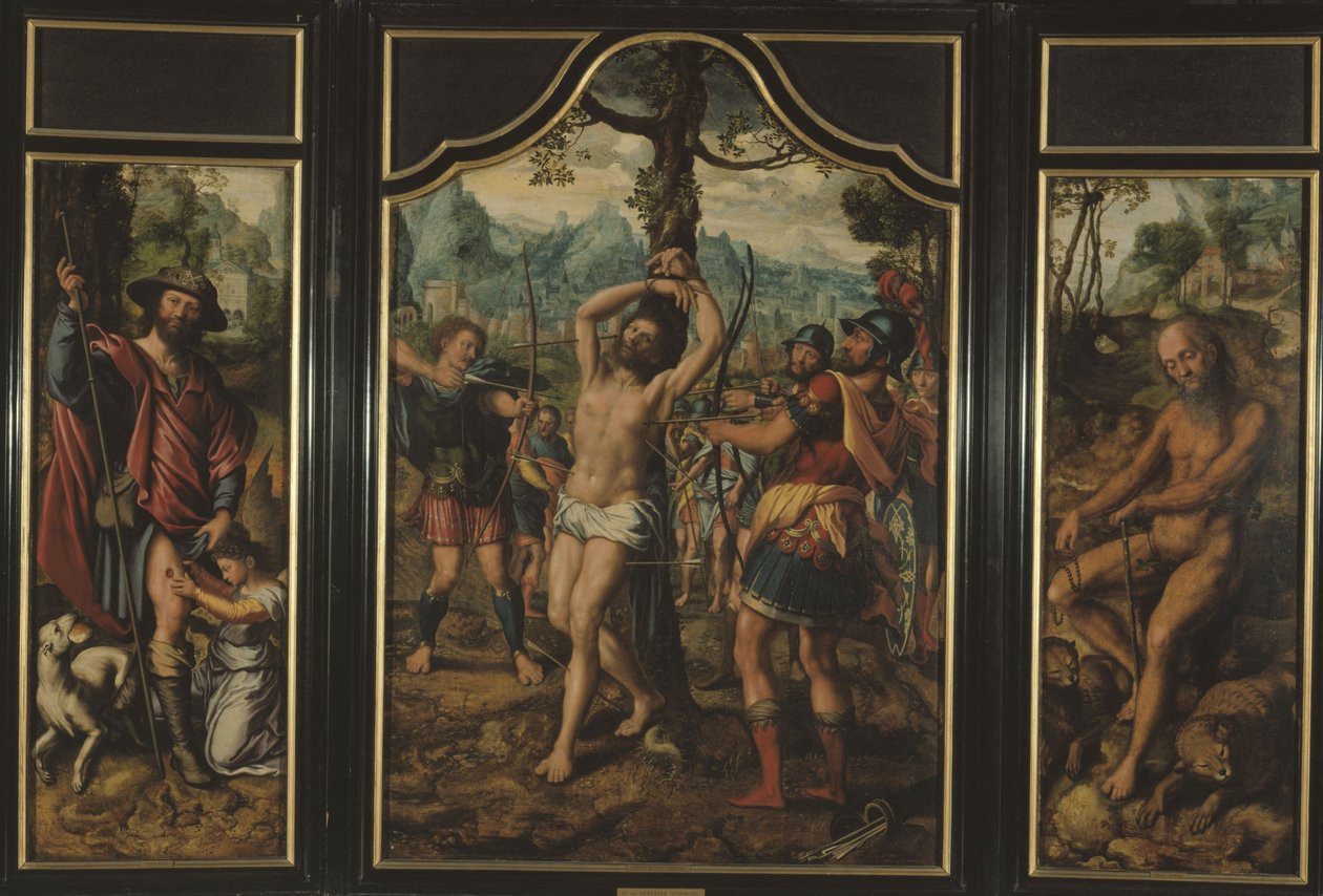 Tríptico do Martírio de São Sebastião (painel central): São Roque (painel esquerdo), Santo Onofre (painel direito), São Pedro (reverso do painel direito), Santo Estêvão (reverso do painel esquerdo), entre 1525 e 1566 (óleo) de Jan Sanders van Hemessen