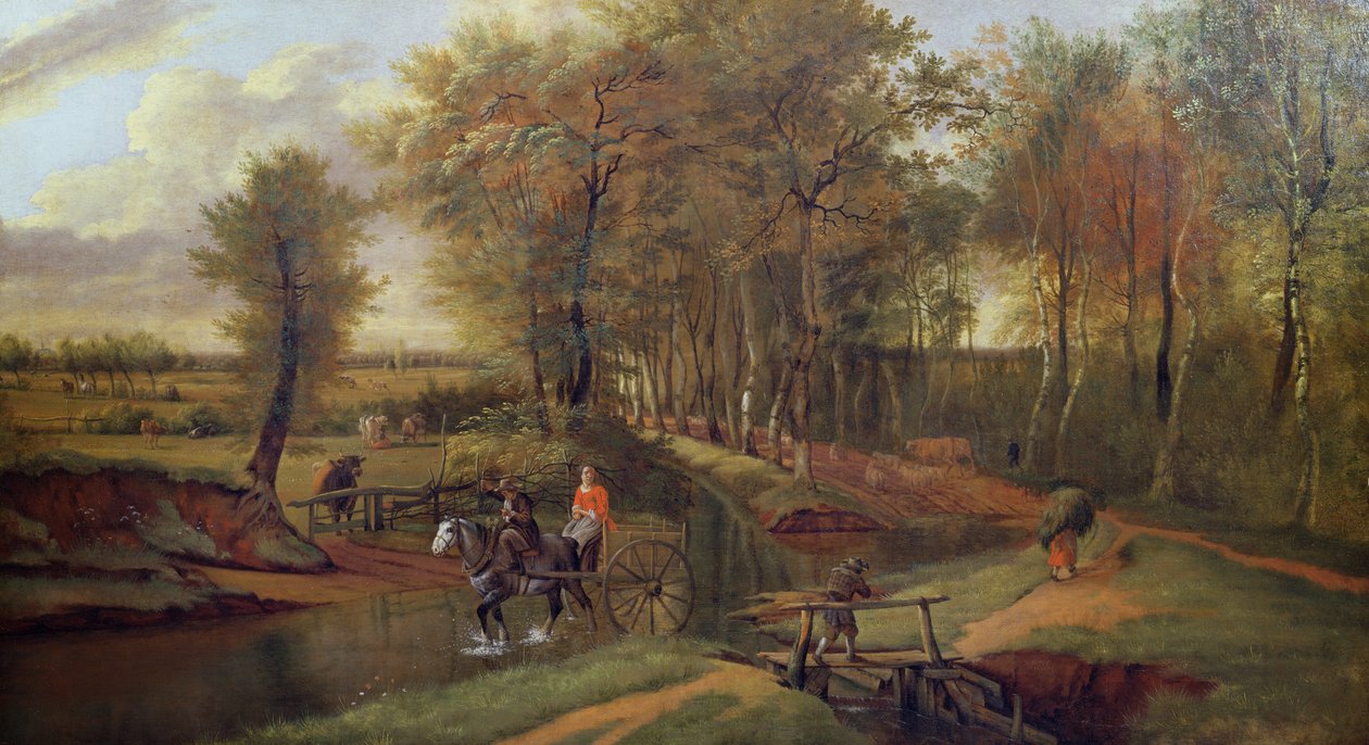 Uma paisagem de rio arborizado com figuras, cavalo e carrinho, 1692 de Jan Siberechts