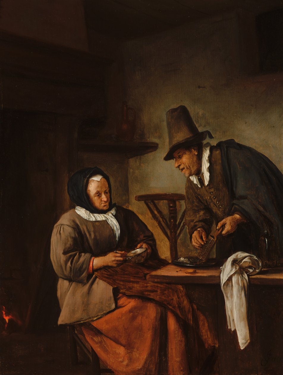 Um casal idoso a preparar uma bebida quente de Jan Steen
