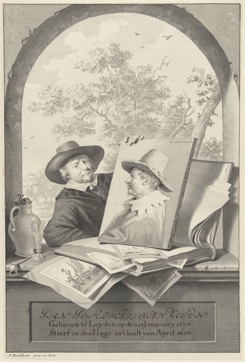 Homem com uma pasta com desenhos e um retrato de Jan van Goyen de Jan Stolker