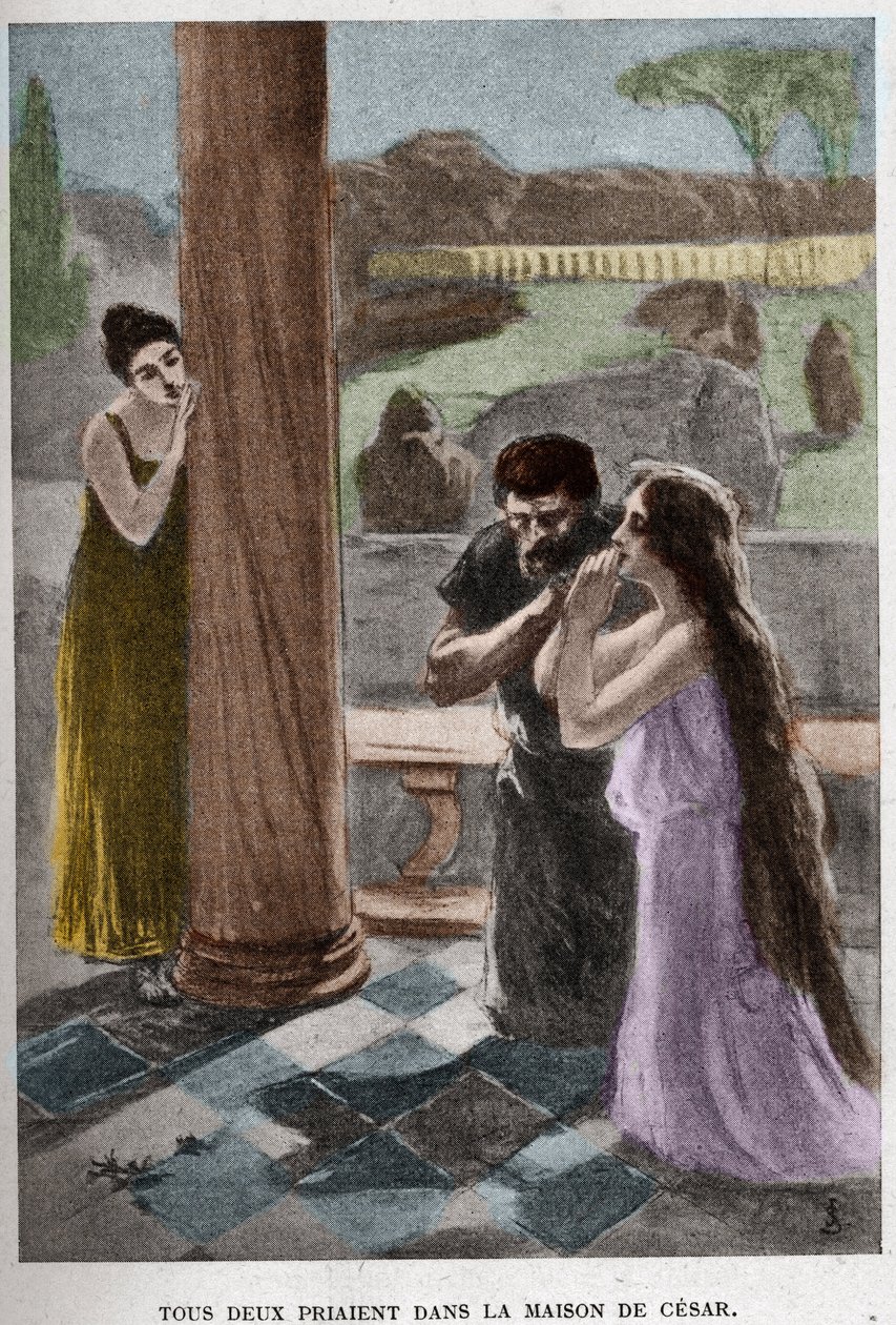 Ambos rezaram na casa de César (capítulo VIII) a ilustração de JAN STYKA (1858-1925) para o romance de Henryk Sienkiewicz "Quo Vadis". de Jan Styka
