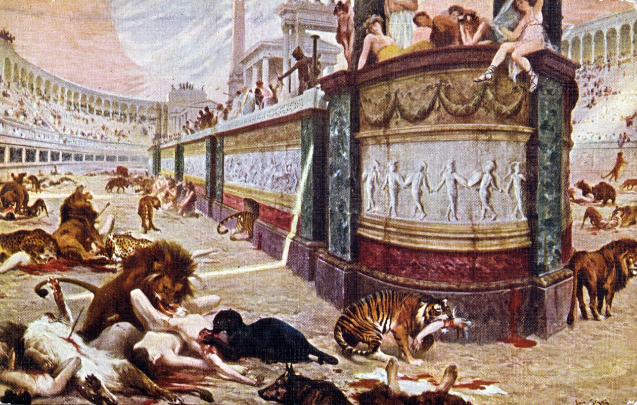 Cartão postal representando os jogos sangrentos na arena em Roma, ilustração de &39;Quo Vadis&39;, 1910 de Jan Styka