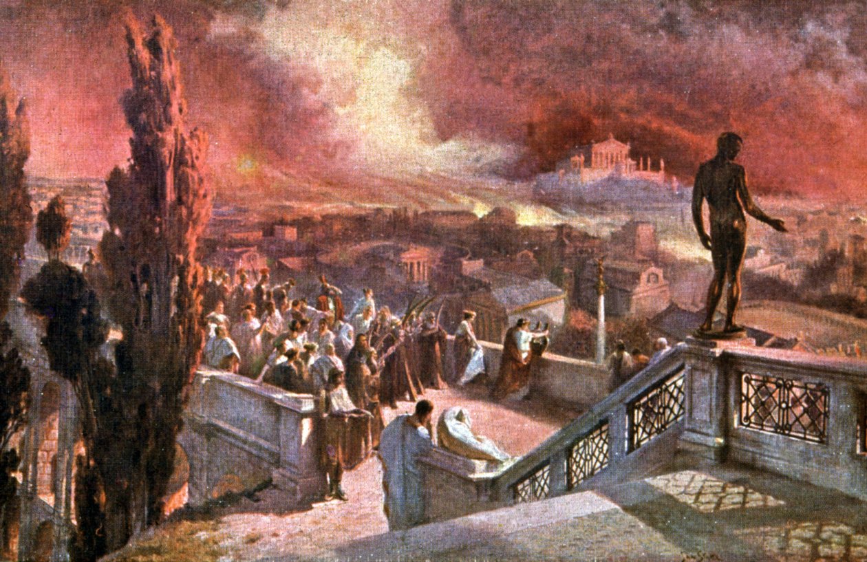 O imperador romano Nero a tocar música, olhando para o incêndio de Roma de Jan Styka