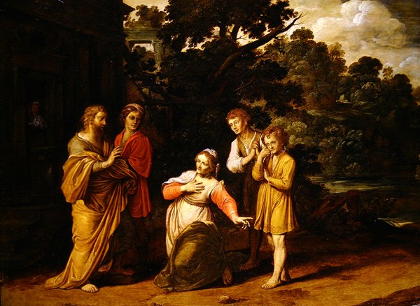 A mulher Shunammite pede a Elisha para acordar o seu filho morto (óleo no painel) de Jan Tengnagel