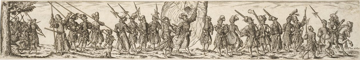 Trem soldado, no centro um porta-estandarte de Jan Theodor de Bry