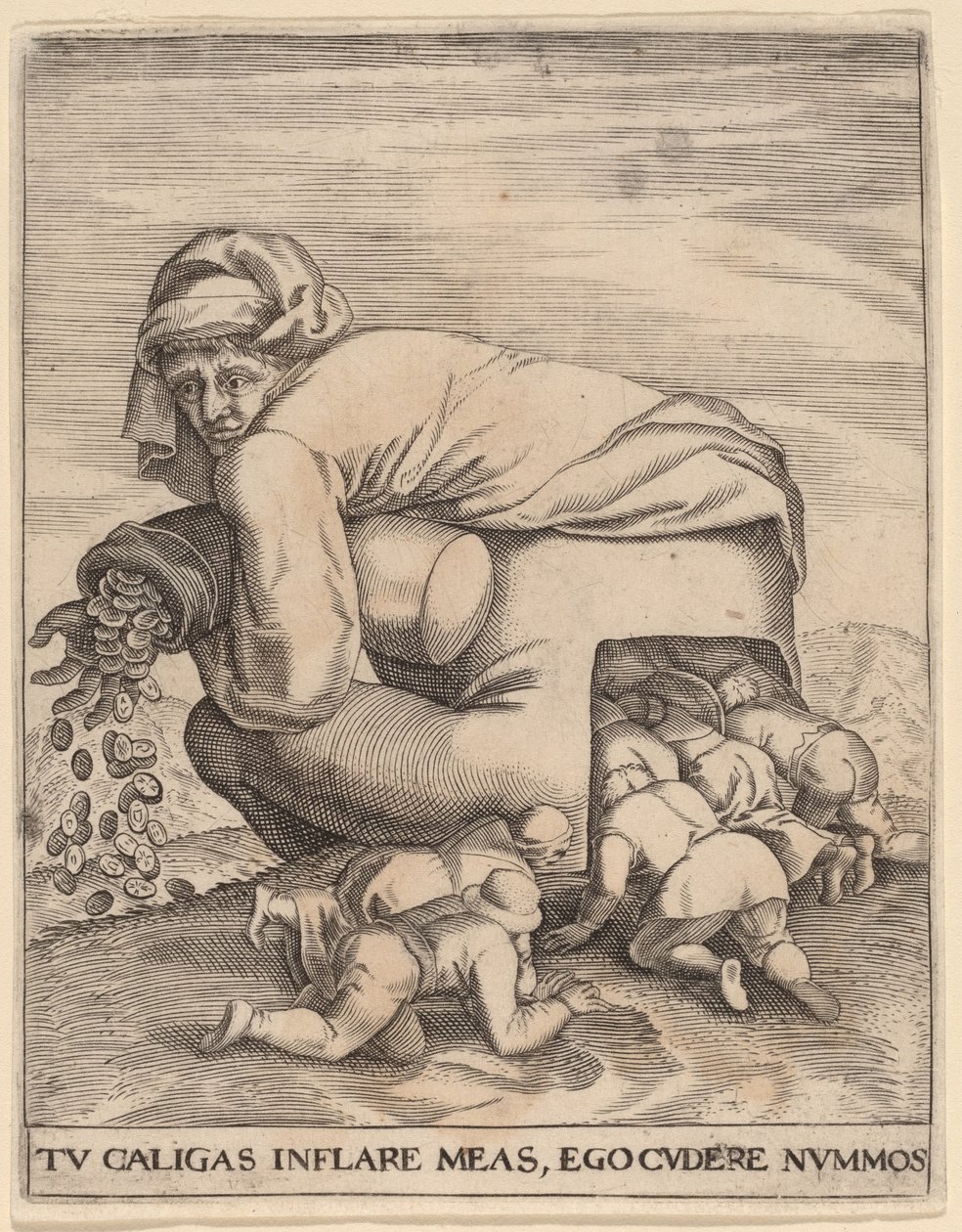 O homem da bolsa de dinheiro e seus bajuladores de Jan Theodor de Bry after Pieter Bruegel the Elder