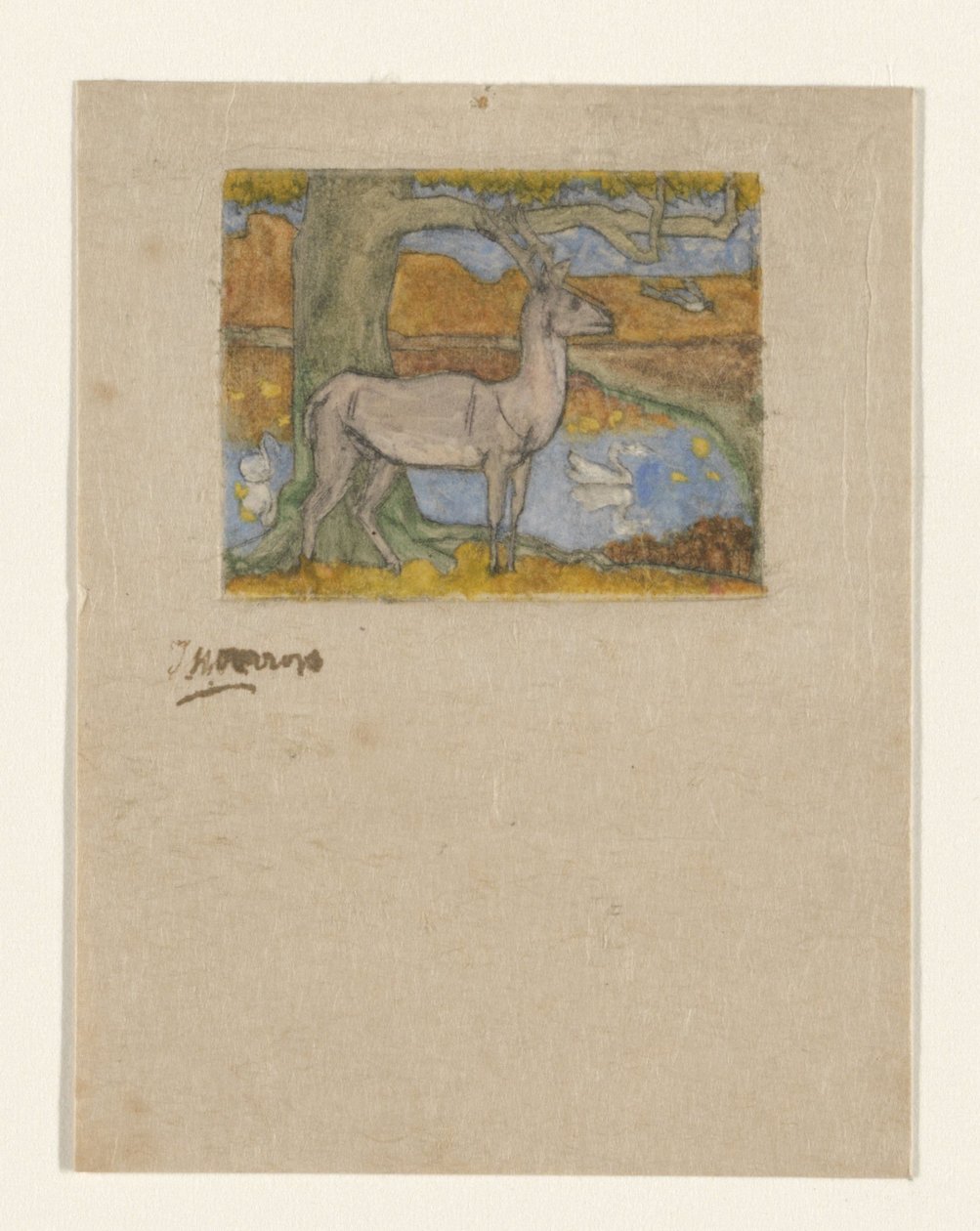 Veado perto de uma árvore na frente de uma lagoa Cervo perto de uma árvore (título original) de Jan Toorop (signed by artist)