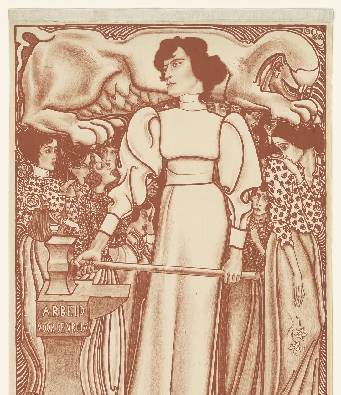Trabalho para as mulheres. Bilhetes de lotaria para a Exposição Nacional do Trabalho das Mulheres a 50 cêntimos disponíveis nas instalações e nos Depósitos. Primeiro prémio uma peça de joalharia no valor de f.1000 (título sobre o objecto) de Jan Toorop