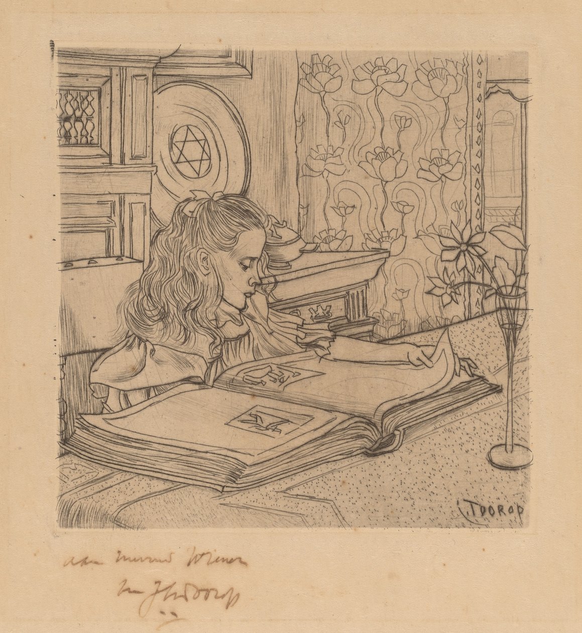 Charley olhando para um álbum de gravuras de Jan Toorop