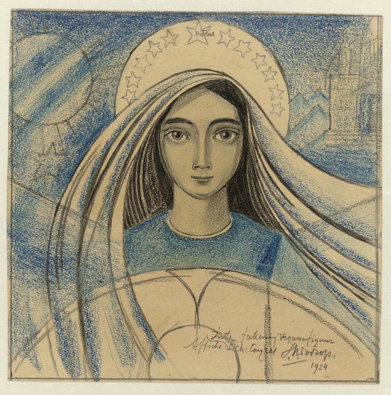 Desenho detalhado da cabeça de uma mulher para um cartaz para o Congresso Eucarístico Internacional realizado em Amesterdão de 22 a 27 de Julho de 1924 de Jan Toorop
