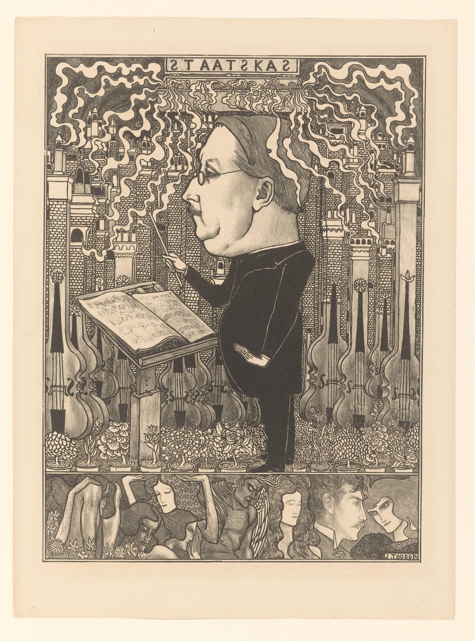 Condutor atrás de violinos e chaminés para fumadores
De Staatskas / De Haardsteden (título original) de Jan Toorop