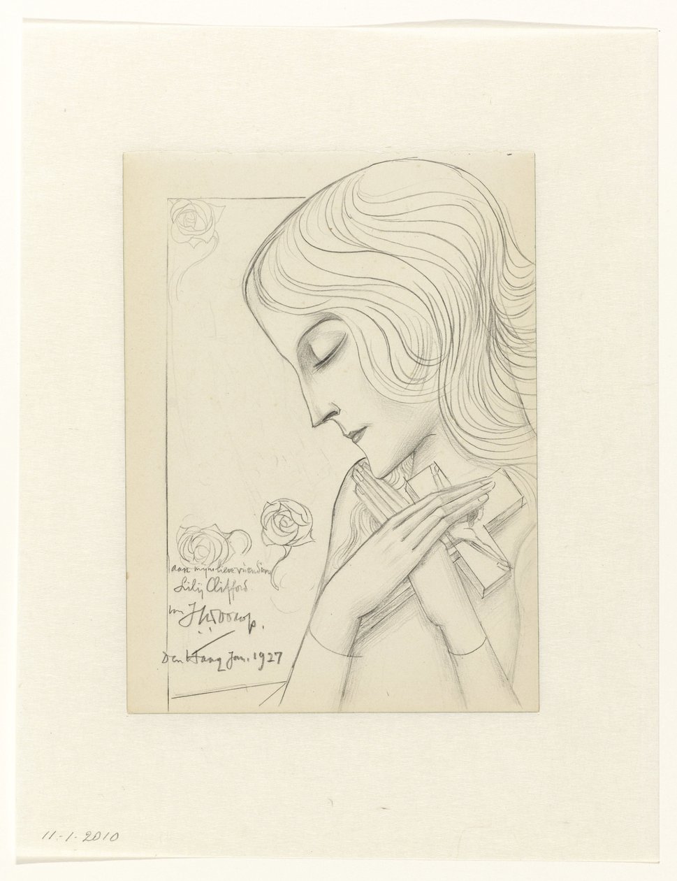Jovem rapariga em meditação abrangendo uma cruz de Jan Toorop