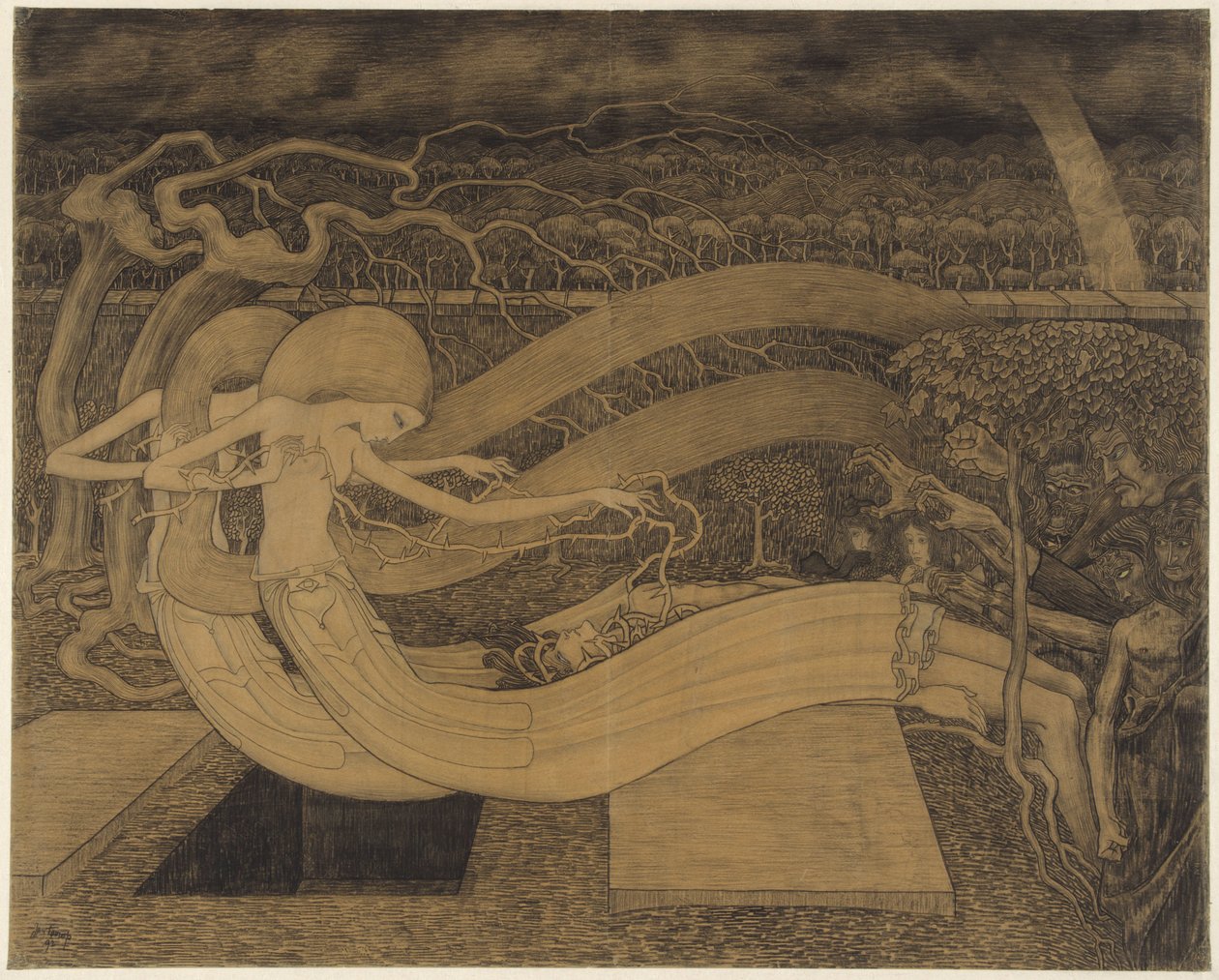 Ó Grave, onde está a tua Vitória?
Duas mulheres ao lado de um homem e uma campa aberta
Ó Túmulo, Onde está a Tua Vitória de Jan Toorop