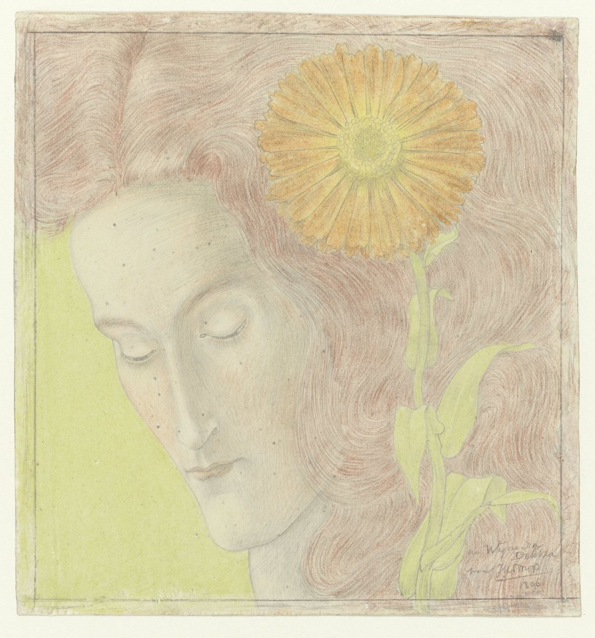 A cabeça da mulher com cabelo vermelho e crisântemo de Jan Toorop
