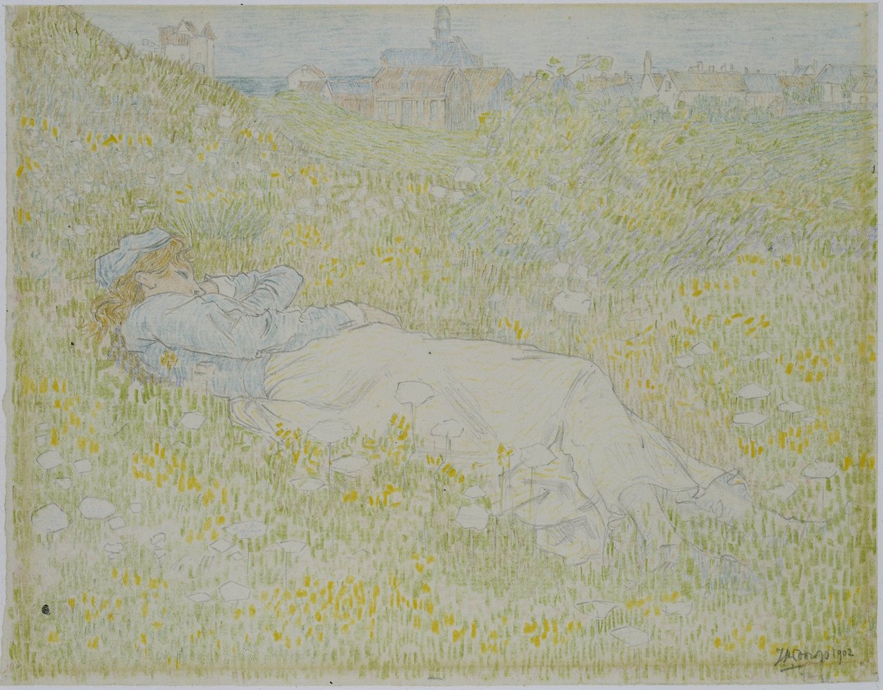 Mulher deitada nas Dunas perto de Noordwijk
Rapariga deitada na relva com a silhueta de Noordwijk no fundo de Jan Toorop