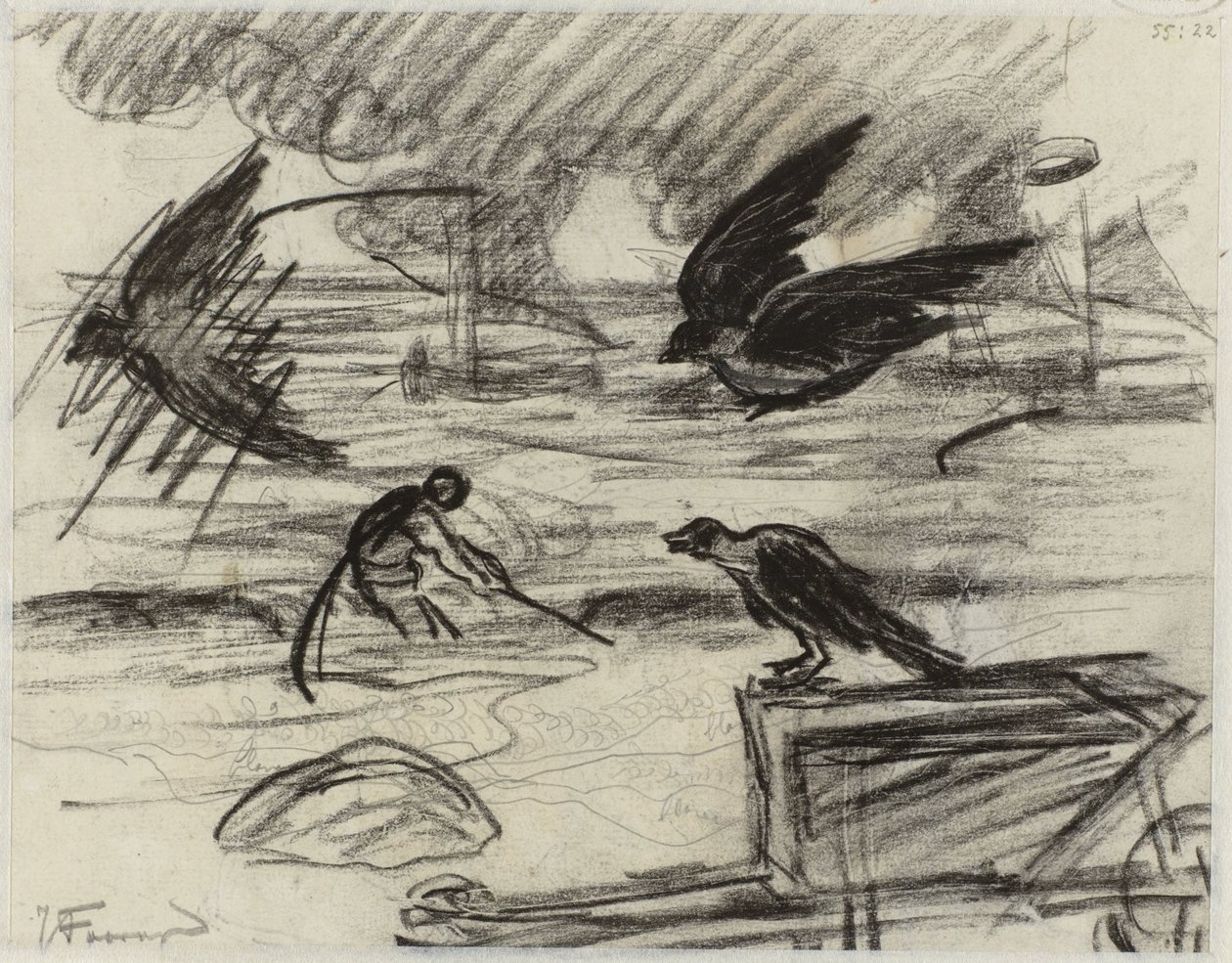 Seascape com pescador, em primeiro plano um carrinho de mão com pássaros de Jan Toorop