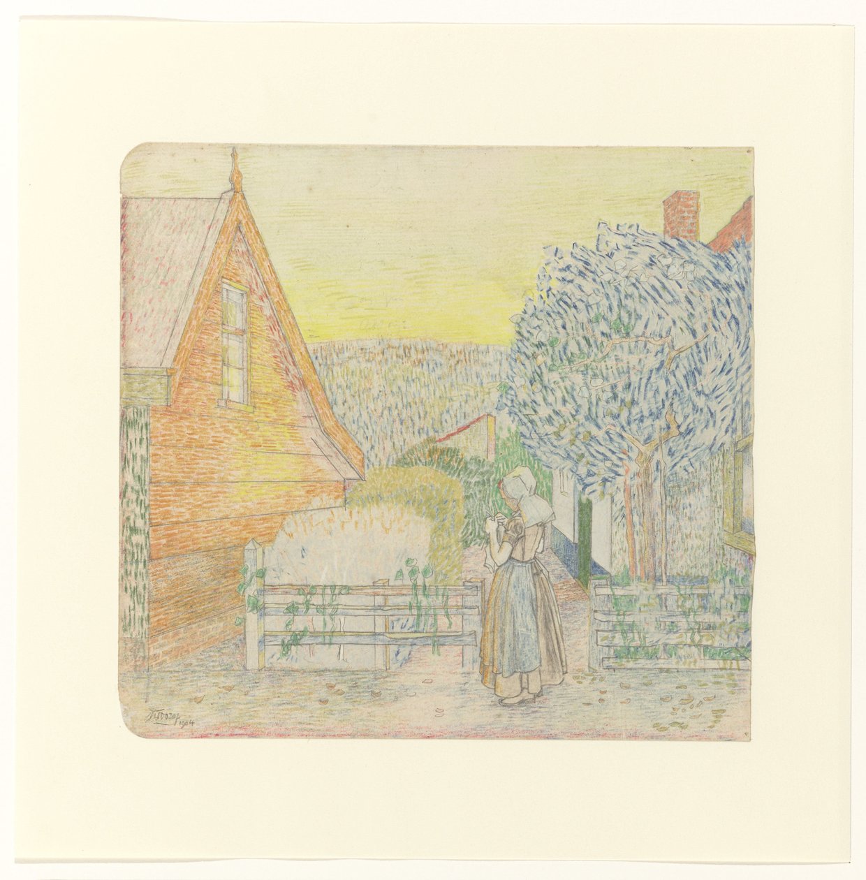 Garota da Zelândia, tricotando em um pátio de Jan Toorop