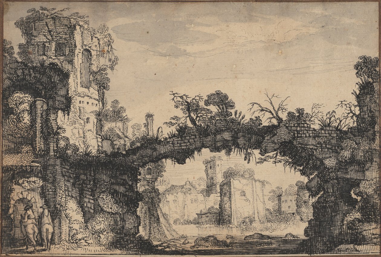 Paisagem com ruínas (anverso); Cabeça de mulher e animais (verso) de Jan Van de Velde