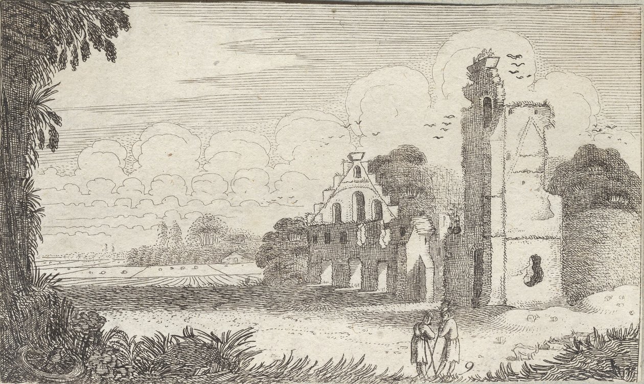 Paisagem com uma igreja em ruínas e dois pastores em conversa de Jan Van de Velde