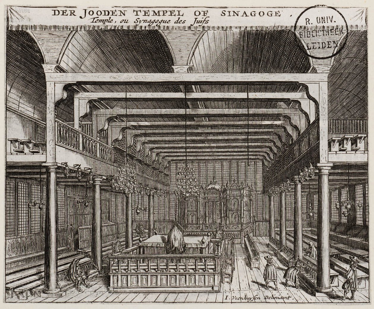 Interior da Sinagoga Portuguesa em Amesterdão - Veenhuysen, Jan (activo 1656-1685) - Gravura em cobre - 11,2x13,7 - Biblioteca da Universidade de Leiden de Jan Veenhuysen