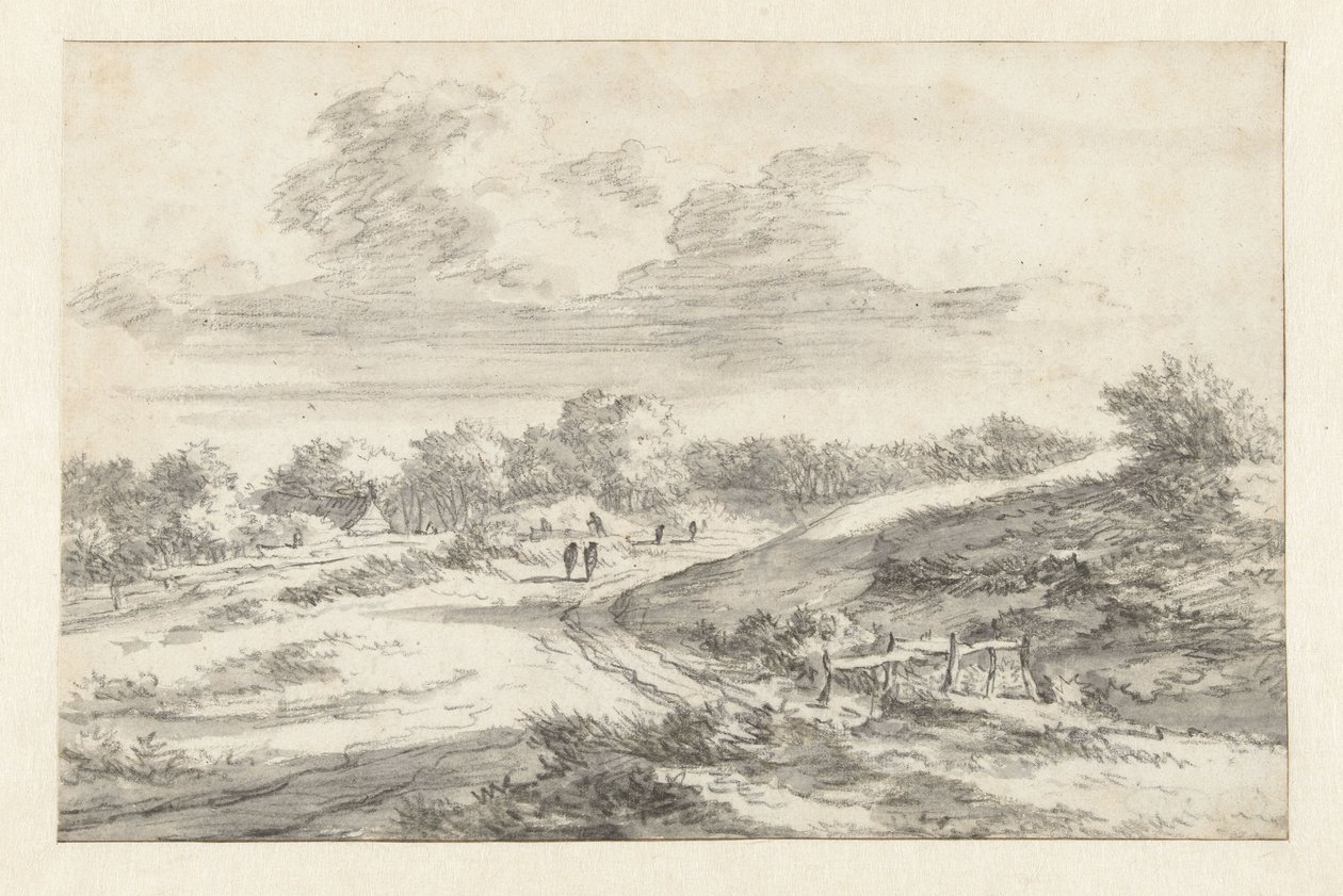 Paisagem de dunas com figuras ao longo de uma estrada, com uma casa de campo à distância de Jan Vermeer van Haarlem (I) (attributed to)