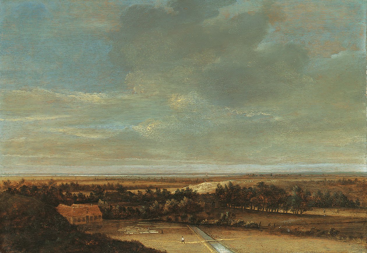 Uma extensa paisagem de dunas com uma casa de fazenda e um local de branqueamento de Jan Vermeer van Haarlem
