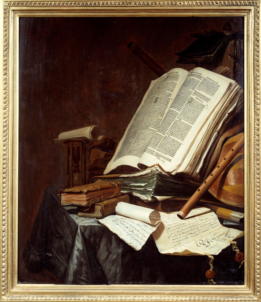 Pintura de Livros e Instrumentos Musicais por Jan Vermeulen (1638-1674) Sol do século XVII. 0,78x0,69 m Nantes, musee des Beaux Arts de Jan Vermeulen