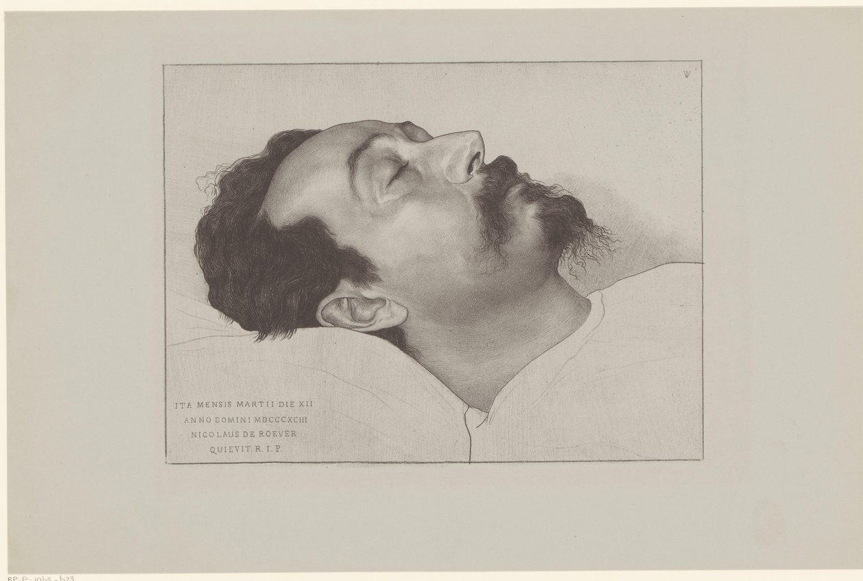 Nicolaas de Roever no seu leito de morte
Ita mensis martii die XII anno domini MDCCCXCIII Nicolaus de Roever quievit R.I.P. (título sobre o objecto) de Jan Veth