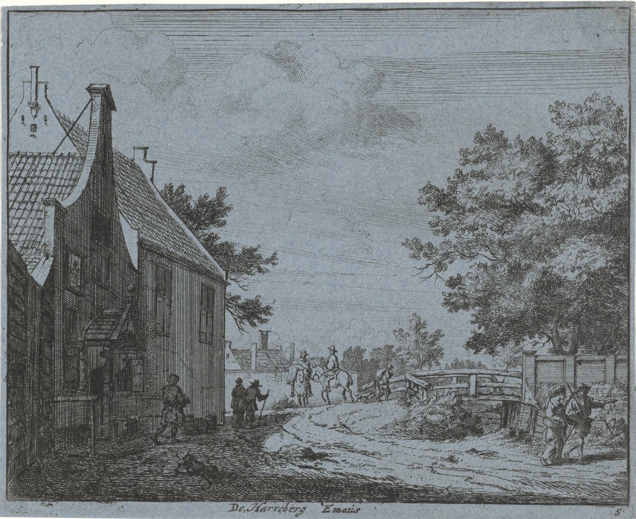 Vista da pousada Emaus O Harreberg Emaus (título no objeto) Paisagens da área de Haarlem (título da série) Gesigten fora de Haarlem, feito por. J.V.V. (título da série no objeto) de Jan Vincentsz. van der Vinne