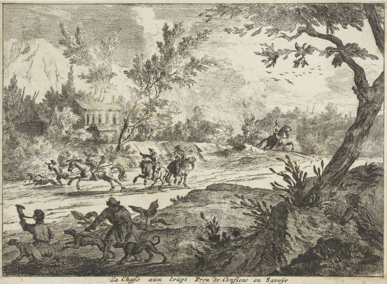 Caça ao lobo perto de Conflans, Sabóia
La Chasse aux Loups Prez de Conflans en Savoie (título sobre o objecto)
Faces em Sabóia (título da série) de Jan Vincentsz. van der Vinne