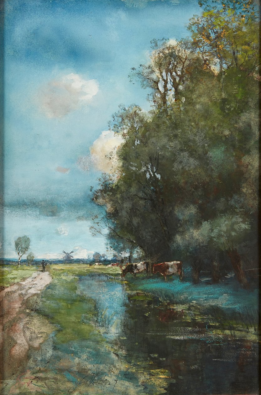Rega de gado em uma paisagem fluvial holandesa (aquarela) de Jan Vorlyk