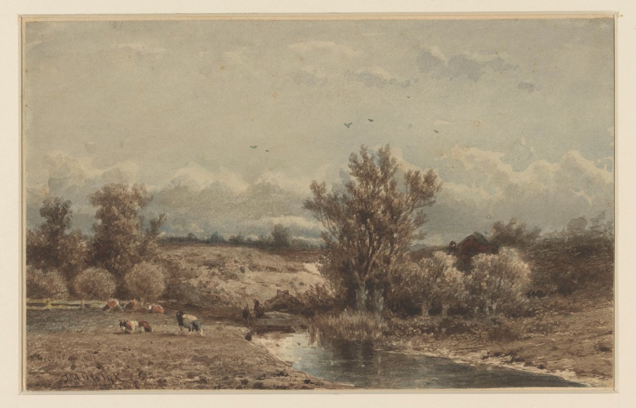 Paisagem com rio e vacas de Johannes Martinus Vrolijk
