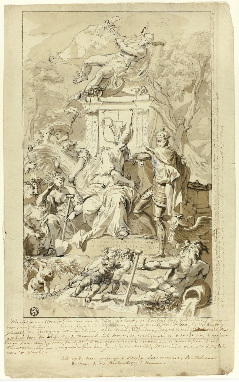 Design para a página de rosto: Alegoria da submissão da cidade de Utrecht ao imperador Carlos V de Jan Wandelaar