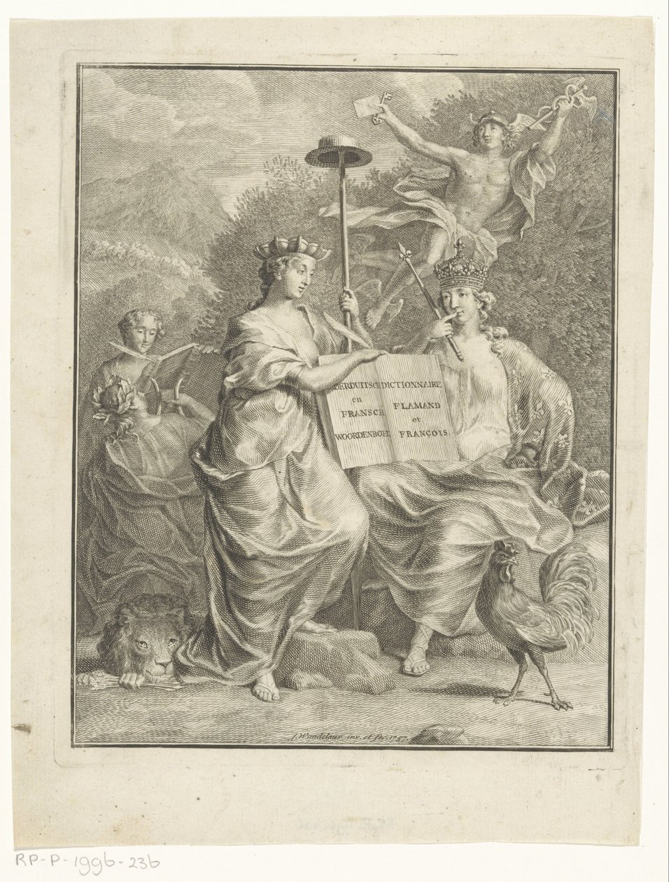 Personificações dos Países Baixos austríacos e da França
Dicionário holandês e francês / Dicionário Flamand et François (título sobre o objecto)
Página de título para: François Halma, O grande dicionário de francês e holandês, 1761 de Jan Wandelaar