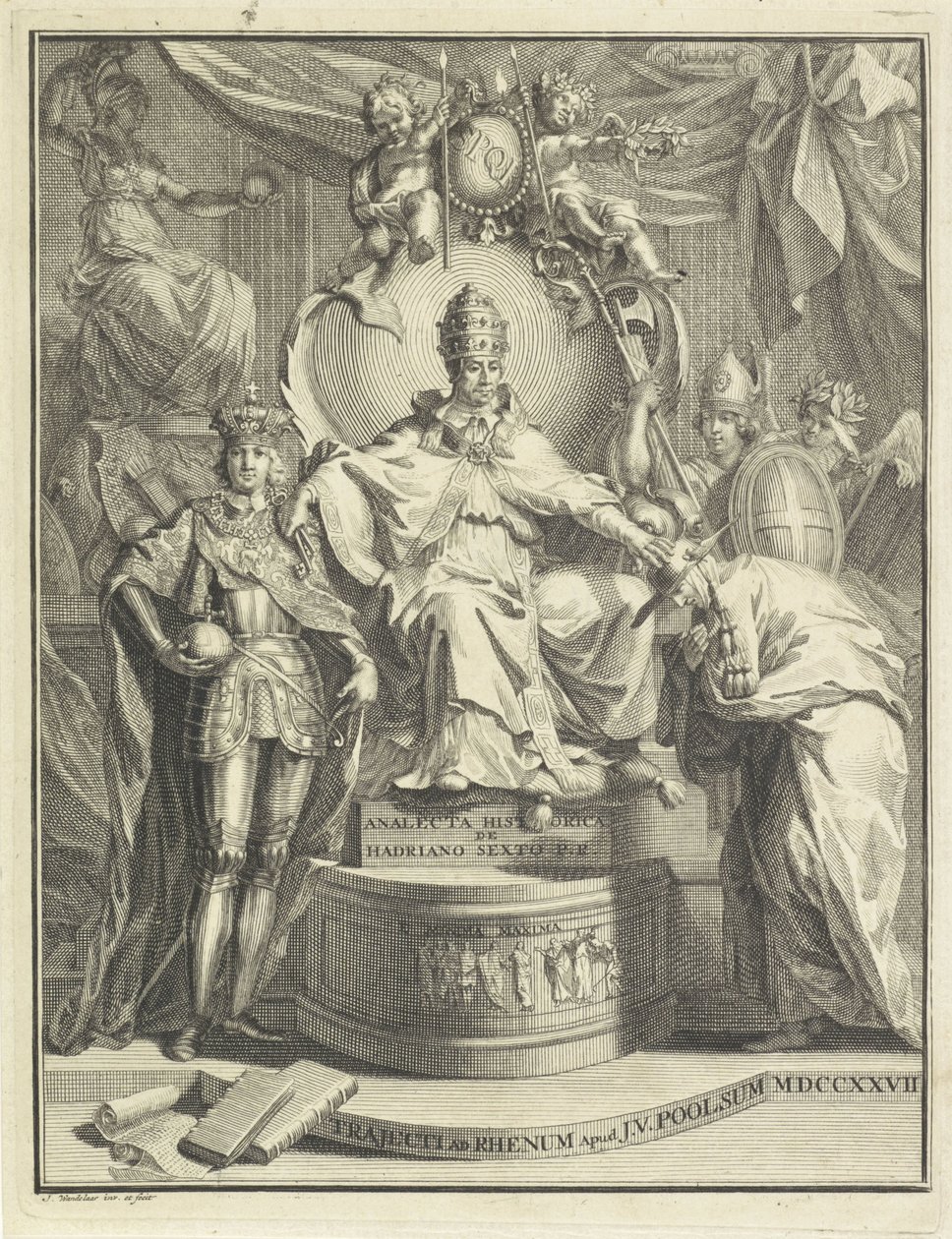 No trono, Adriano VI Título da página: Burmann, Kasper. Adriano VI ou o anacleta histórico de Adriano o sexto papa romano, 1727 de Jan Wandelaar