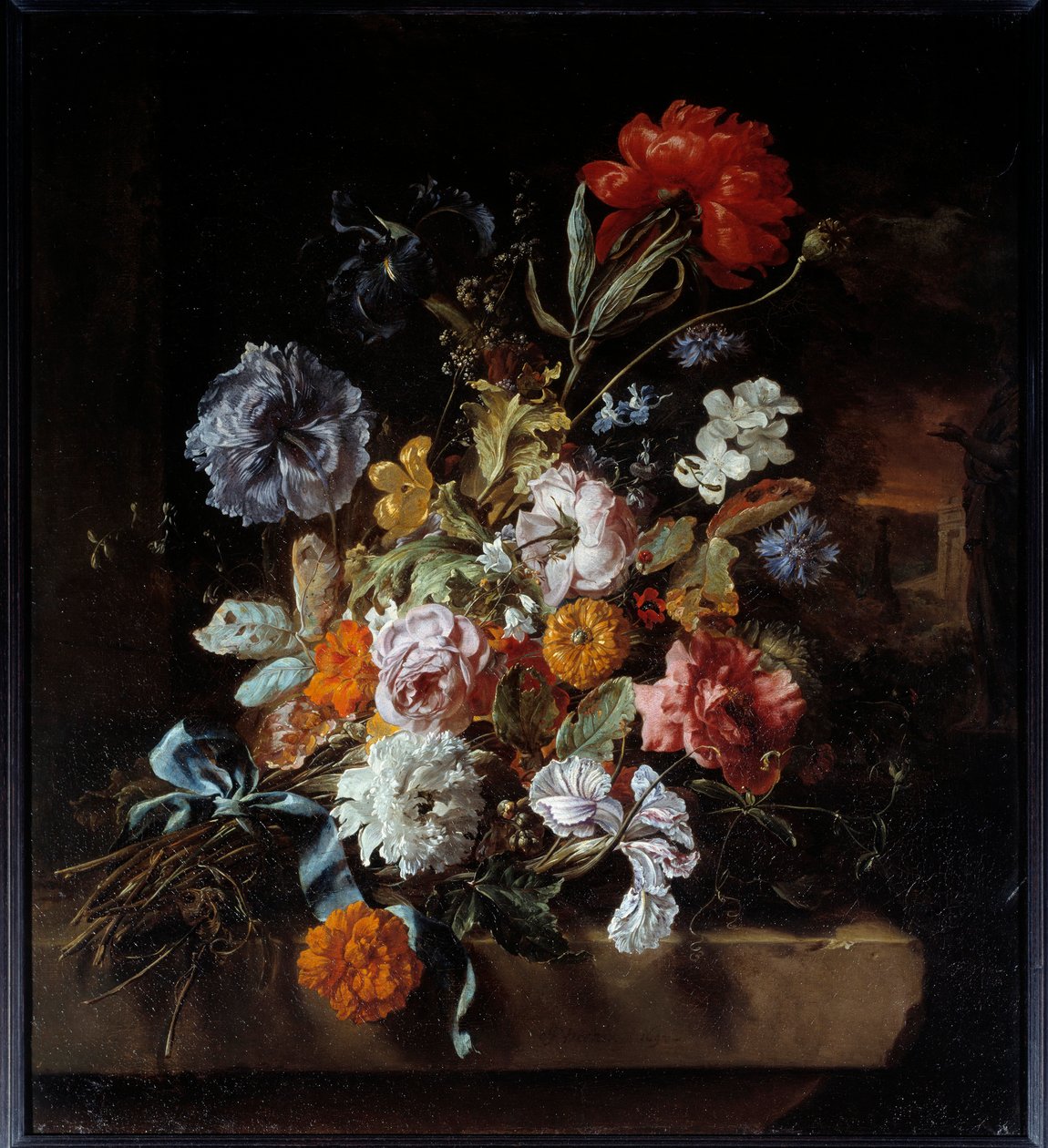 Bouquet de flores depositado num banco de pedra Pintura por Jan Weenix (1640-1719) 1694 Sol. 0,74x0,67 m Lyon, Musee des Beaux Arts de Jan Baptist Weenix