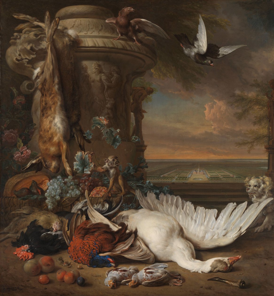 Caça e Fruta Natureza Morta ao lado de um vaso de jardim, com um macaco, cão e duas pombas, à distância Rijksdorp perto de Wassenaar, Sede de Jacob Emmery, Barão de Wassenaar de Jan Baptist Weenix