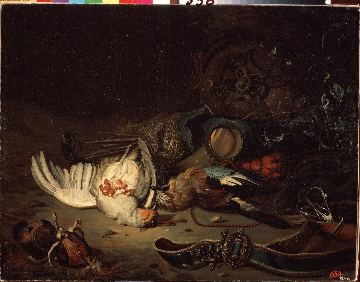 Troféus de caça. Pintura de Jan Weenix o mais novo (1642-1719). Óleo sobre tela, finais do século XVII - início do século XVIII. Arte holandesa, estilo barroco. Museu Estadual ao Ar Livre Peterhof, São Petersburgo. de Jan Baptist Weenix