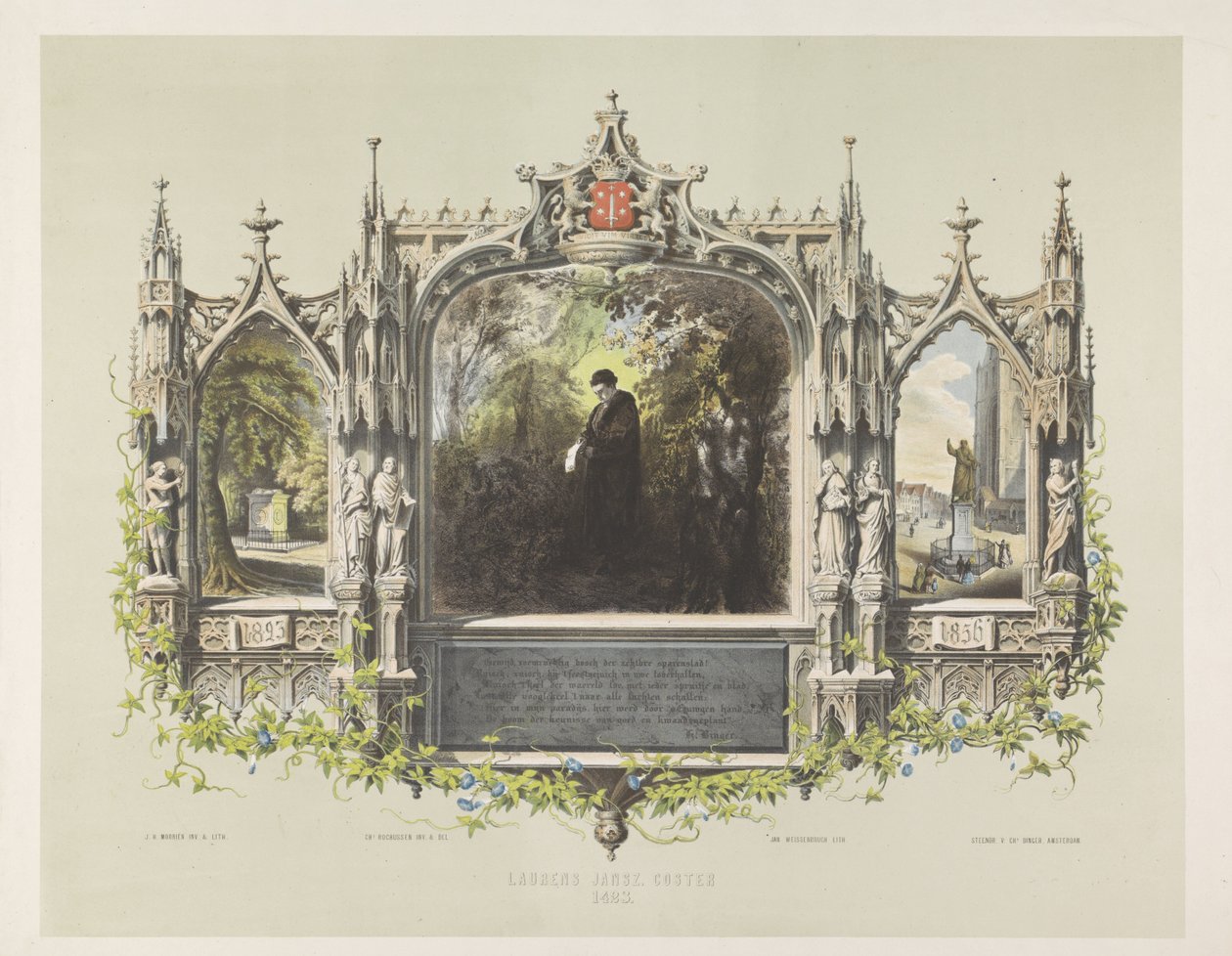 Placa comemorativa para Laurens Coster nas festividades em torno da inauguração da estátua em Haarlem, 1856 Laurens Jansz. Coster 1423 (título no objeto) de Jan Weissenbruch