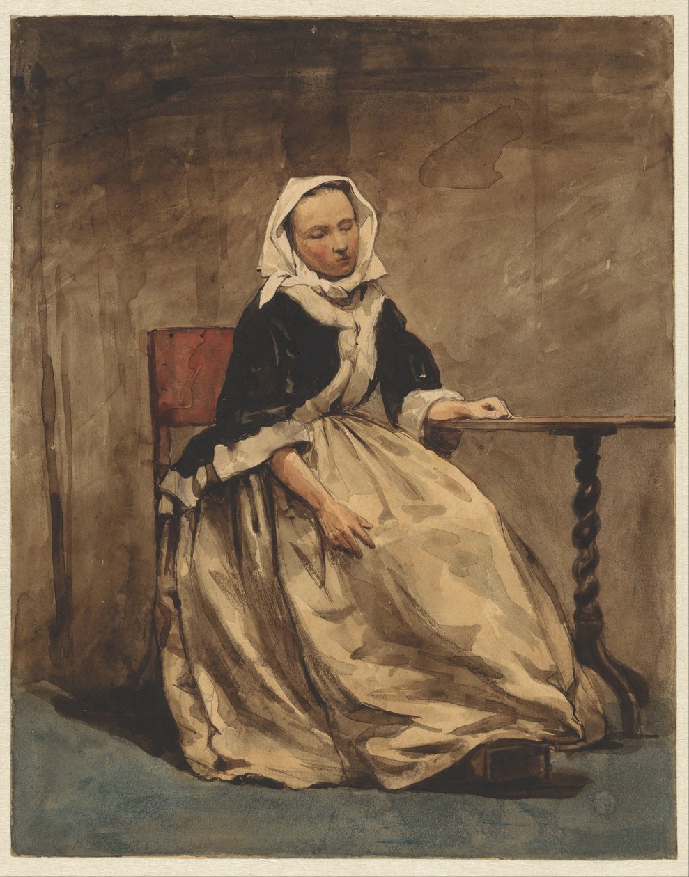 Mulher sentada ao lado de uma pequena mesa de Jan Weissenbruch