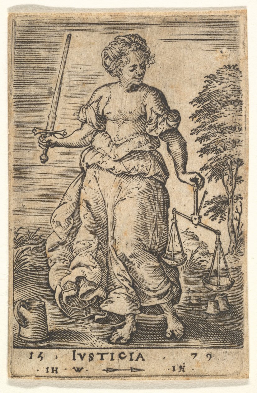 Justiça, uma figura alegórica segurando uma balança na mão esquerda e uma espada na direita..., 1579. de Jan Wierix