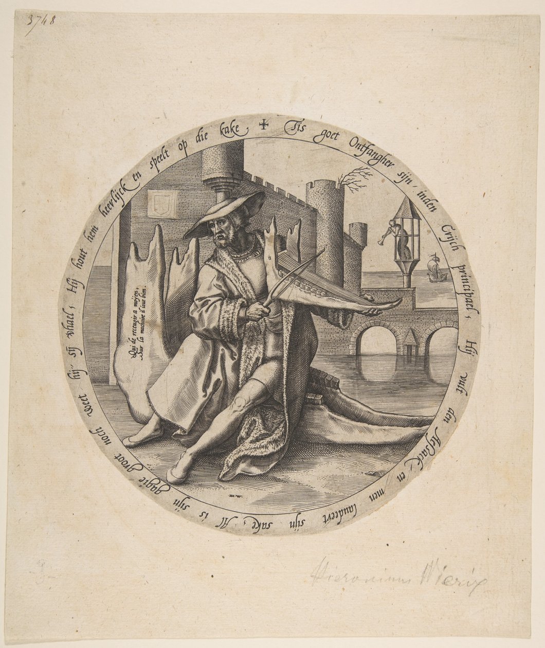 O homem rico tocando violino em um osso da mandíbula, ca. 1568. de Jan Wierix